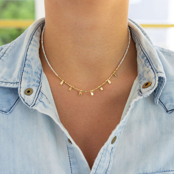 Tiny Rectangle Gold and Cream Beaded Necklace