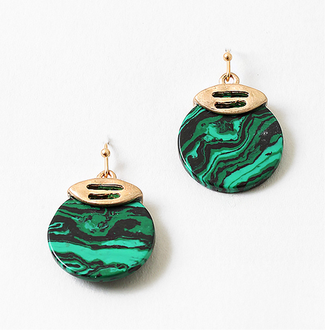 Resin drop earrings with a mix of green shades of resin swirls and gold on the top