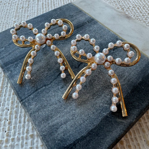 Gold Bow and Pearl Earrings