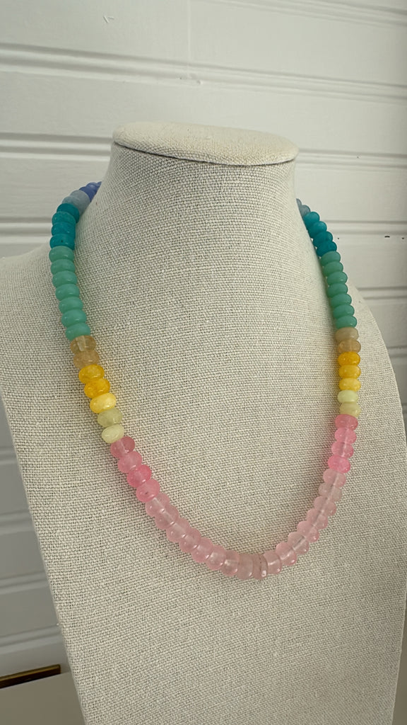 Picture of large resin beaded necklace with rose, yellow, green and turquoise beads.