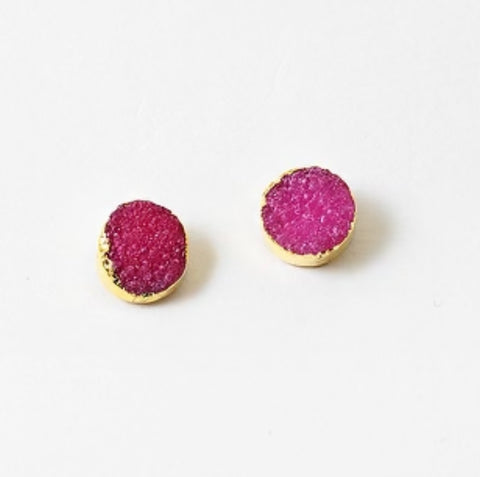 Raspberry druzy studs earrings with gold foil