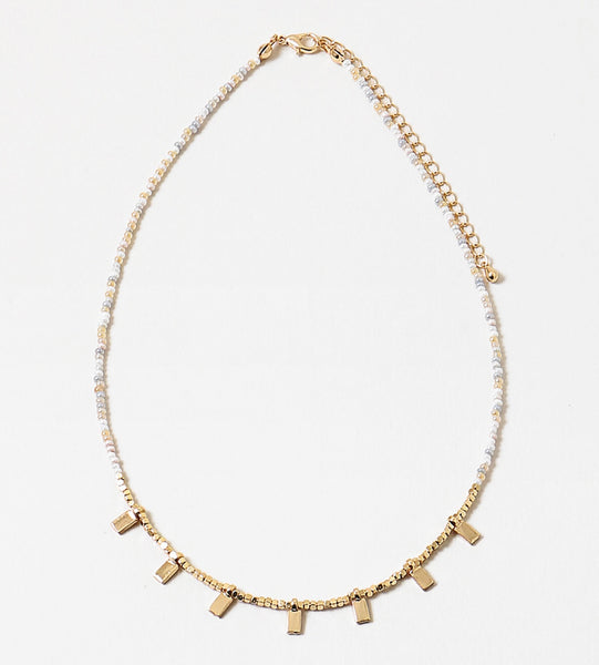 Tiny Rectangle Gold and Cream Beaded Necklace