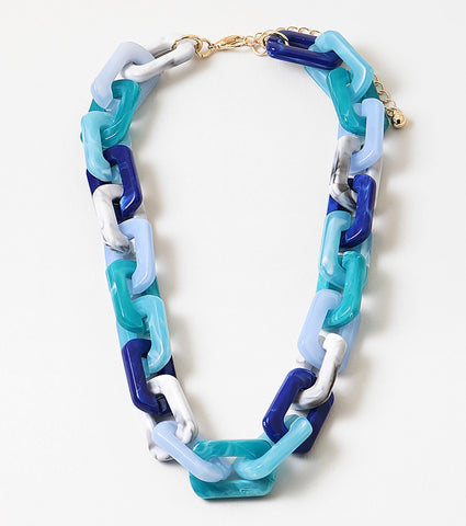 Blue and white resin chunky link necklace