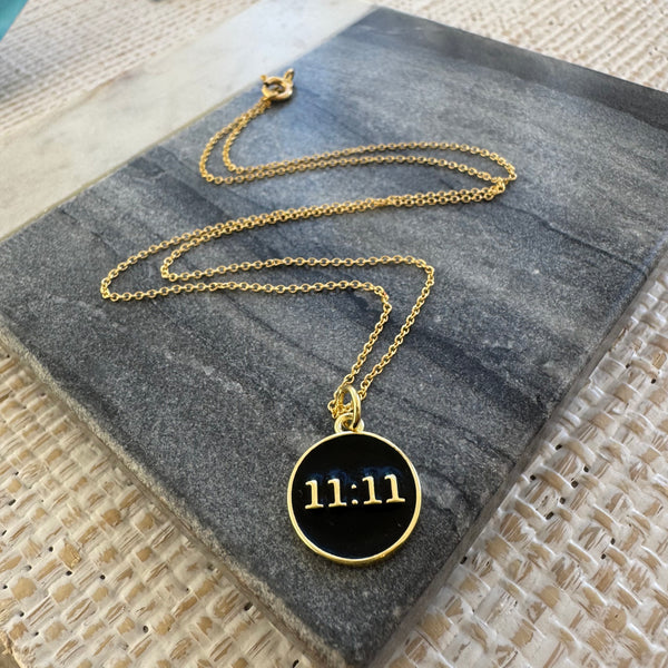 11:11 Good Luck gold and black disc necklace