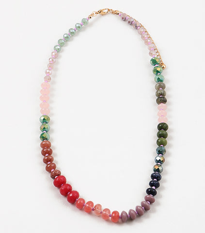 Picture of large resin beaded necklace with beads in colors of shiny blue, pink and green and matte maroon, purple, dark blue and dark green.