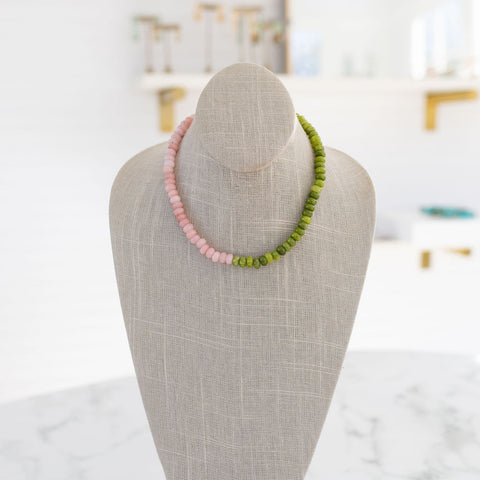 Picture of pink and green beaded necklace.