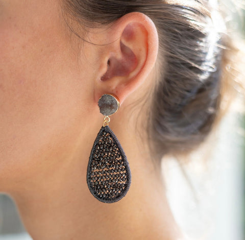 Brown dangle earrings with wrapped stones and a druzy stud