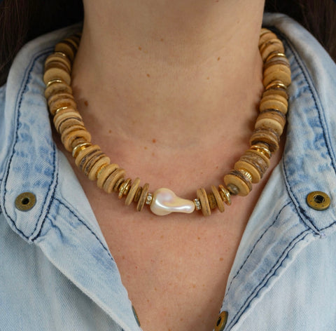 Raw Coconut Wood & Pearl Necklace