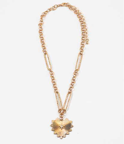 Gold chain necklace with a gold textured heart medallion