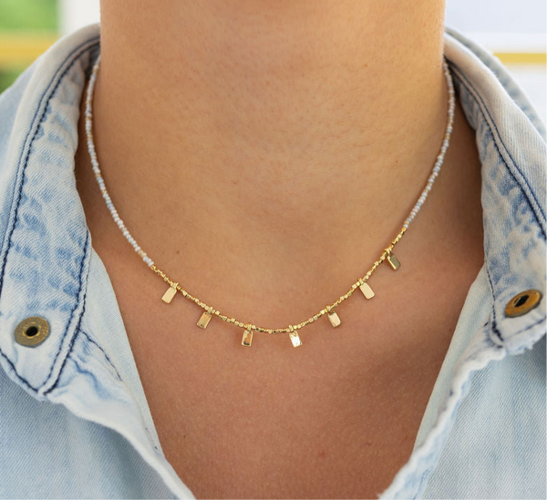 Tiny Rectangle Gold and Cream Beaded Necklace