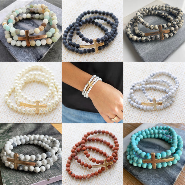 A collage of nine pictures of different colored semi-precious stone bracelets with a gold cross on each