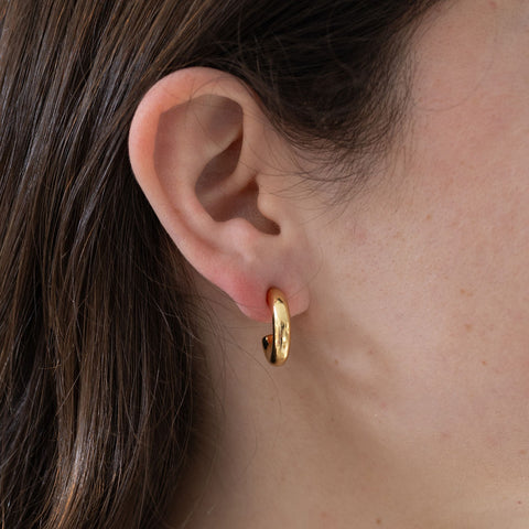 Picture of model wearing small gold hoop earrings.