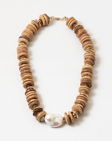 Raw Coconut Wood & Pearl Necklace