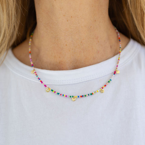 Colorful Tiny Beaded Necklace with Gold Discs