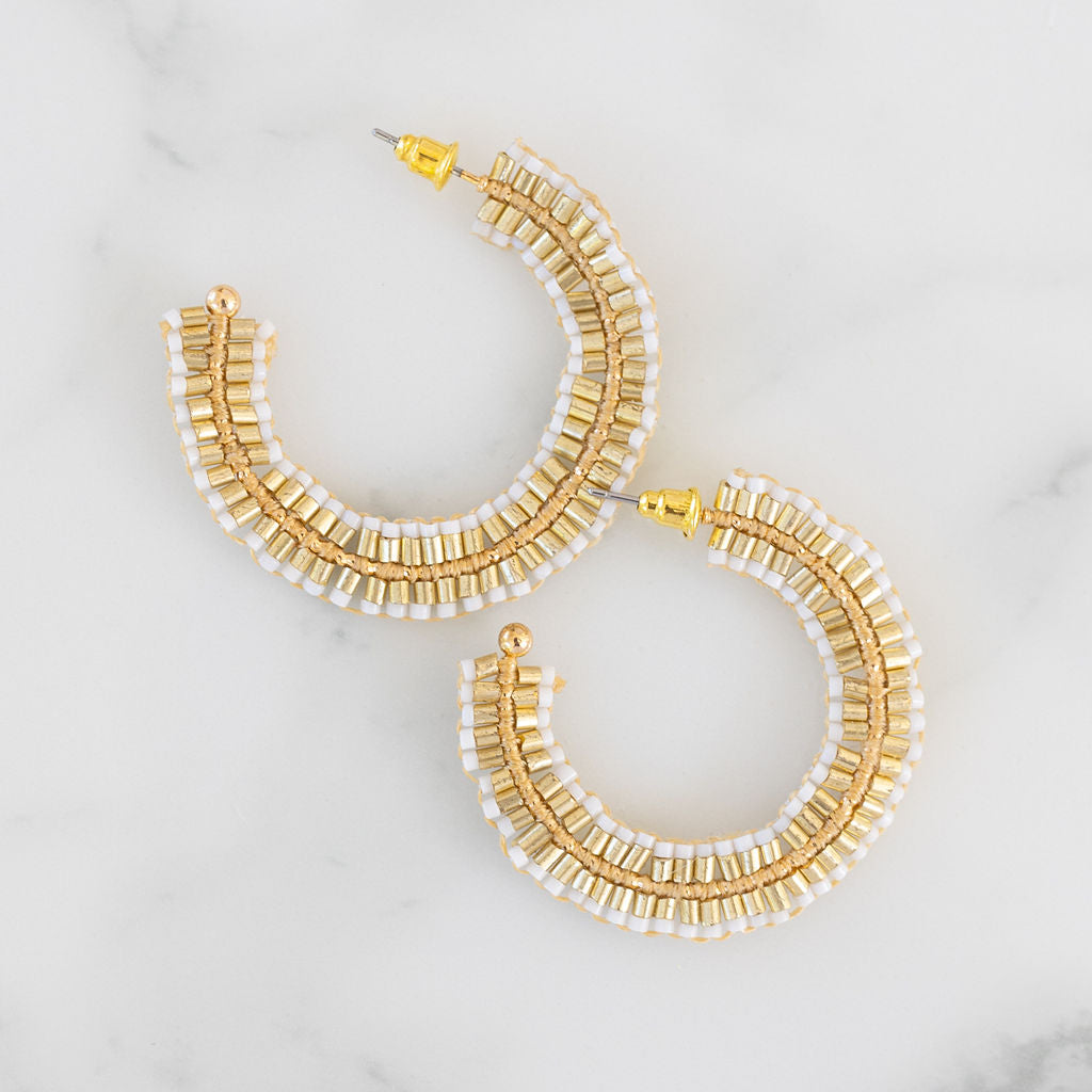 Cream and Gold Beaded Hoops