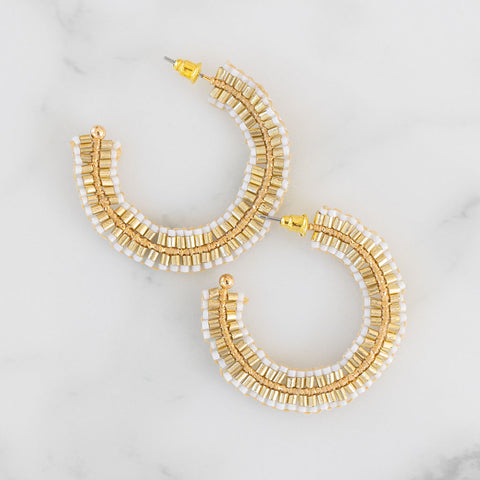 Cream and Gold Beaded Hoops