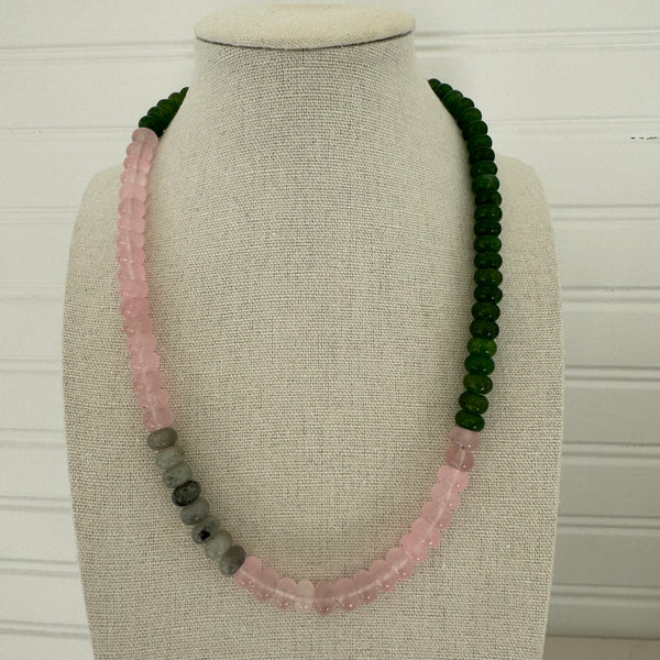 Necklace of dark green beads followed by pink beads, gray beads and then more pink beads.