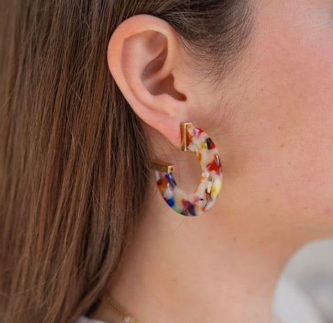 Picture of multi-colored resin hoop with gold accents.