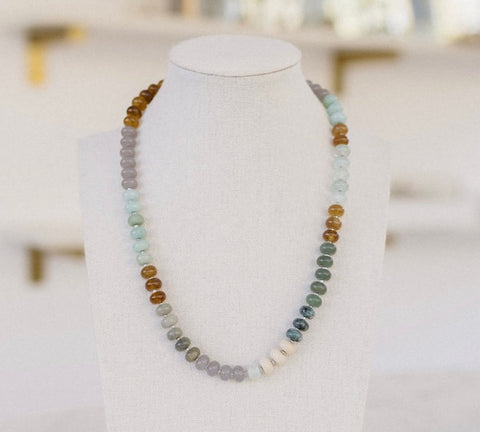 Picture of semi-precious stone necklace in brown, gray and turquoise colored beads.